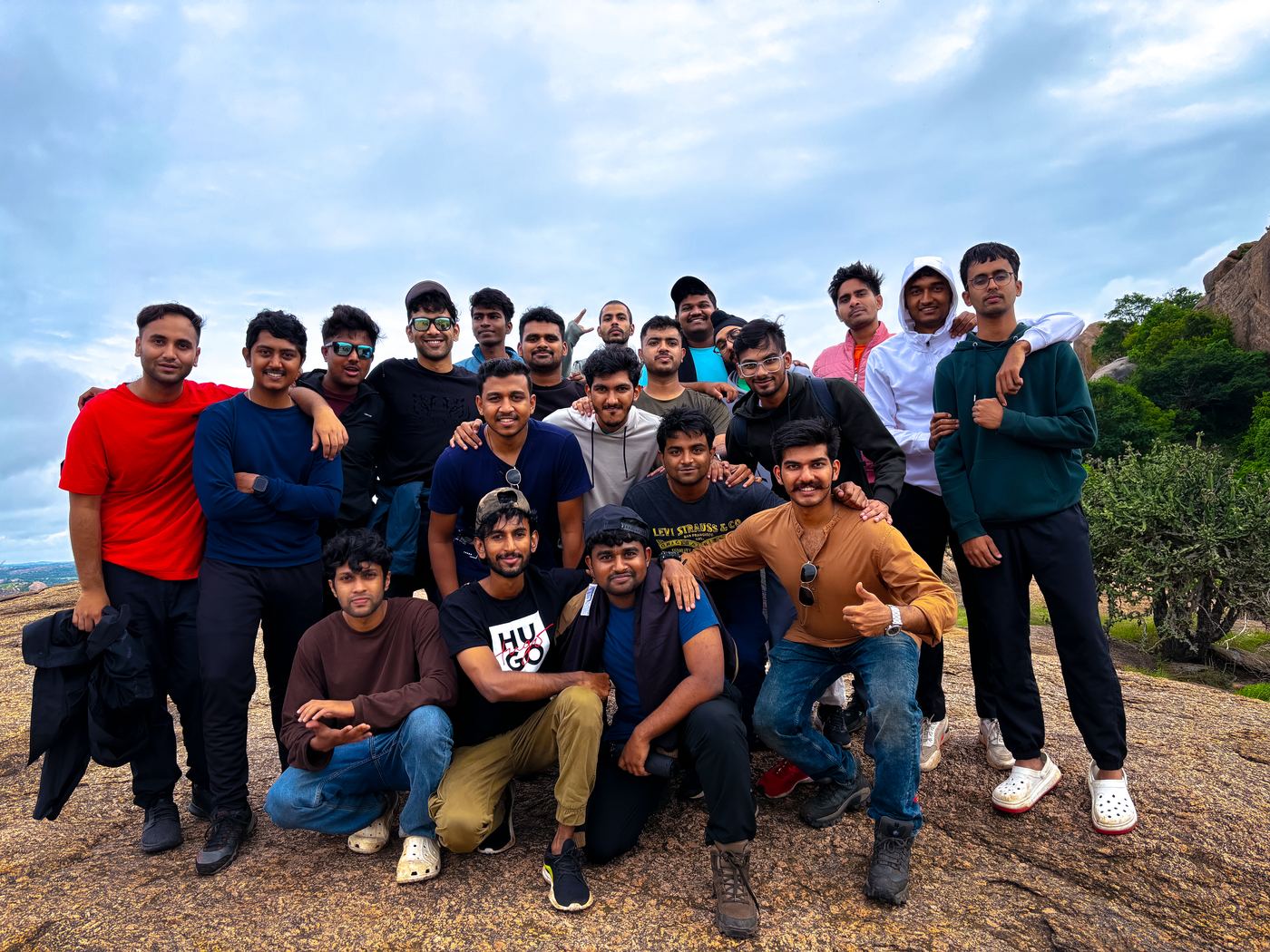 MBA TVW 2024–26 cohort at Ramanagar Outbound Training — Roshan R Sivakumar with classmates, Christ University Bengaluru