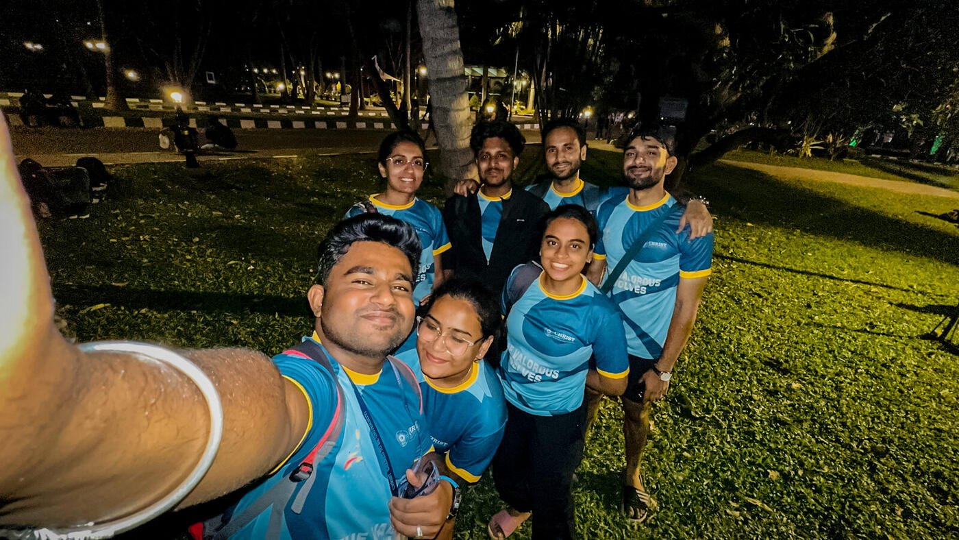 Roshan R Sivakumar with buddies at the Cantata 2024 event, Christ University